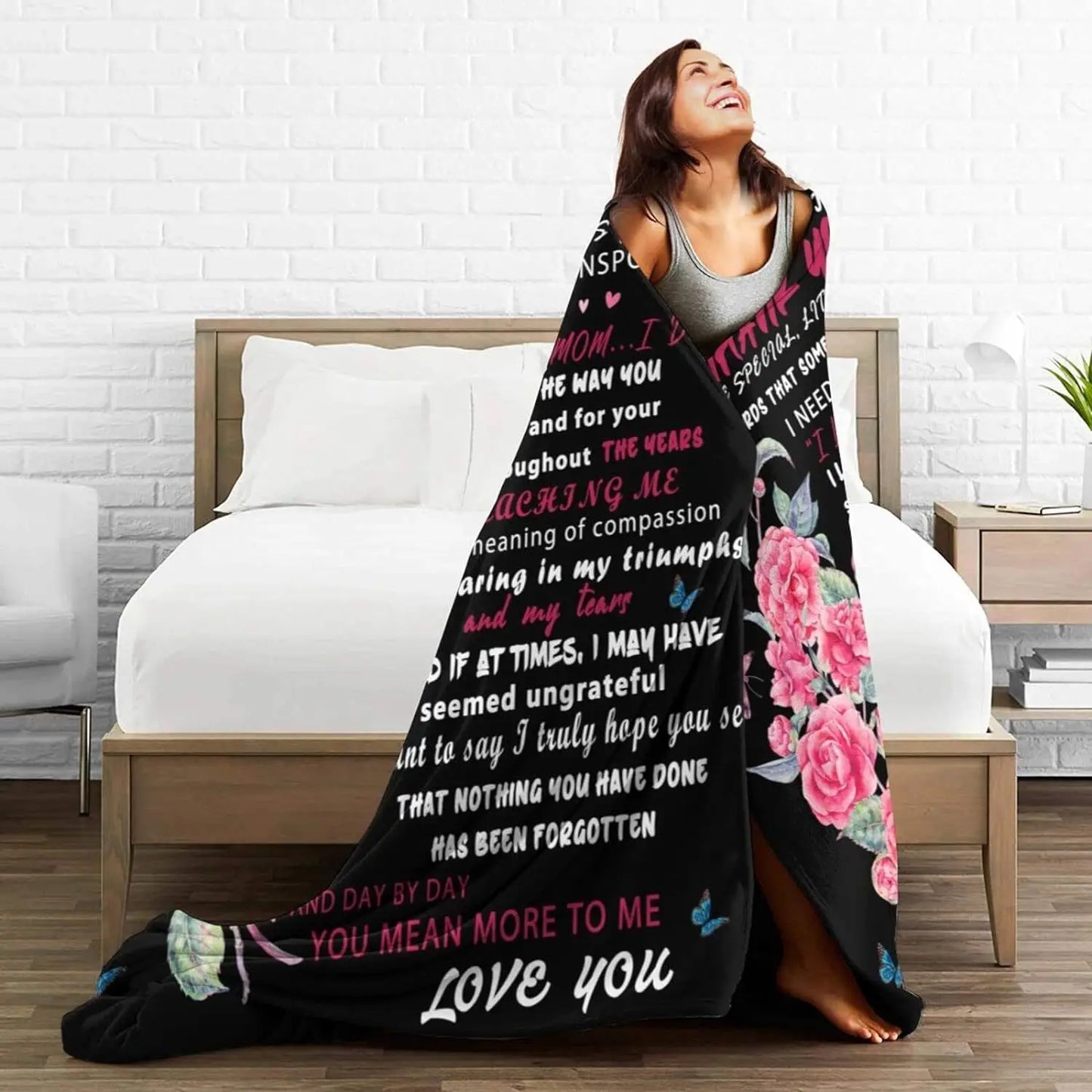 Gift for Mom Personalized Soft Linen Blanket Flower Butterfly Blanket Mother's Day Birthday Family Holiday Gift
