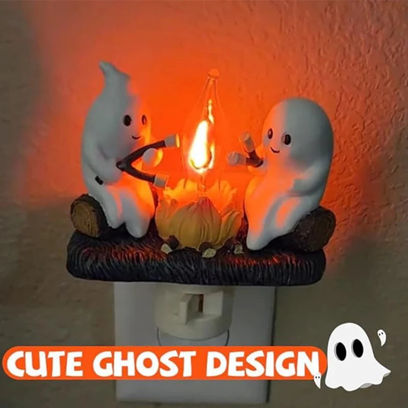 Ghost Campfire Flickering Night Light, Flicker Flame Halloween Nightlight, 3D LED Small Electric Faux Campfire Night Light