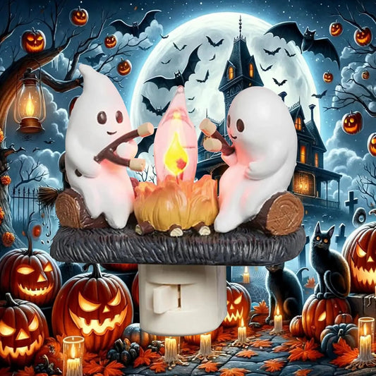 Ghost Campfire Flickering Night Light, Flicker Flame Halloween Nightlight, 3D LED Small Electric Faux Campfire Night Light