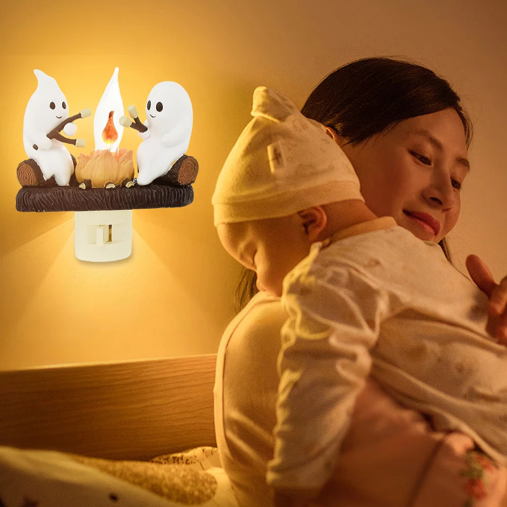 2024 New Fashionable Ghost Campfire Nightlight Ghost Campfire Flickering Plug In Night Light Halloween Ghost Pumpkin Night Light