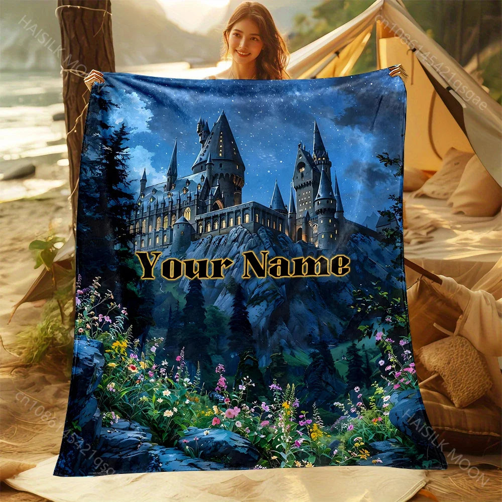 1PC Personalized Name Customized Blanket Magic Academy Printing Universal for All Seasons Sofa Bed Travel Camping Beach Blanket