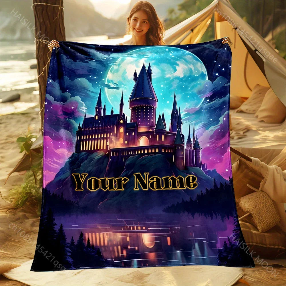 1PC Personalized Name Customized Blanket Magic Academy Printing Universal for All Seasons Sofa Bed Travel Camping Beach Blanket