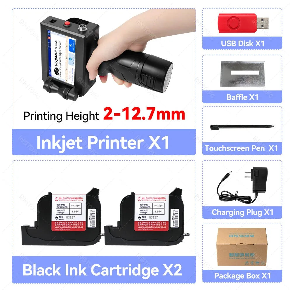 Handheld Inkjet Printer Portable Date Batch Number QR Code Packaging Bag Plastic Bottle Printing Machine 12.7mm Universal Type