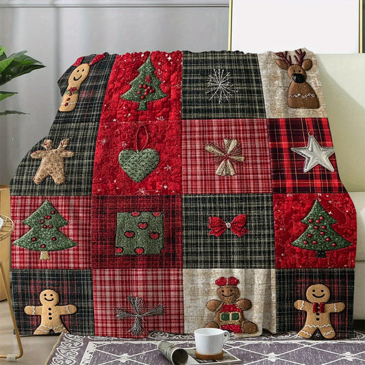1pc Rustic Plaid Christmas Star Gingerbread Man Christmas Tree Floral Print Throw Blanket, Soft Warm Knitted Polyester Flannel