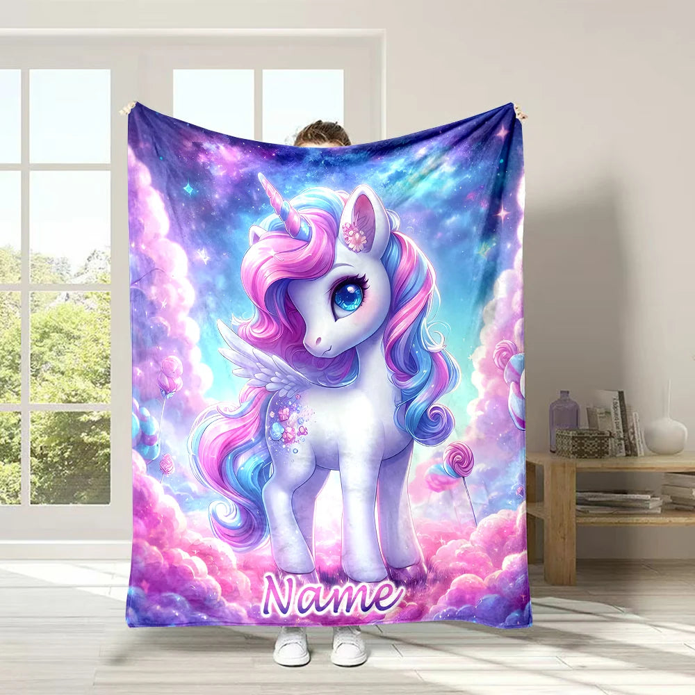 Customized Name Personalized Blanket Cartoon Unicorn Print Warm and Comfortable Blanket for Adults and Children Holiday Gifts
