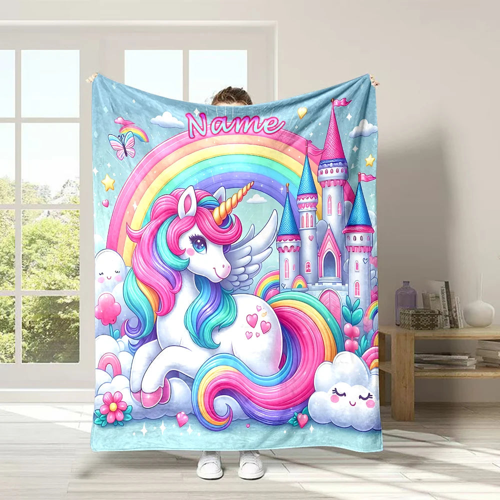 Customized Name Personalized Blanket Cartoon Unicorn Print Warm and Comfortable Blanket for Adults and Children Holiday Gifts
