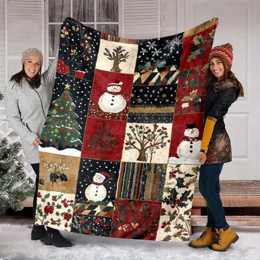 Vintage Snowman Christmas Quilt - Red Festive Polyester Throw, Soft Holiday Decor & Gift for Family, Cozy Bed/Sofa Blanket