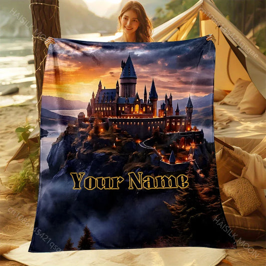 1PC Personalized Name Customized Blanket Magic Academy Printing Universal for All Seasons Sofa Bed Travel Camping Beach Blanket