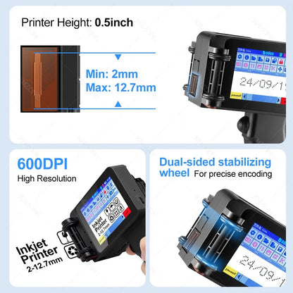 Mini Handheld Inkjet Printer 2-12.7mm for Text QR Barcode Batch Number Logo Date Label Printer with 0/1/2 ink Cartridges