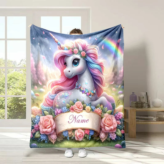 Customized Name Personalized Blanket Cartoon Unicorn Print Warm and Comfortable Blanket for Adults and Children Holiday Gifts