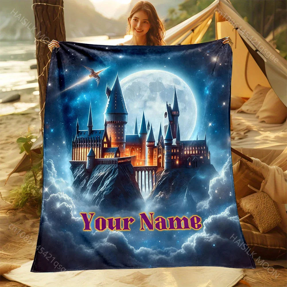 1PC Personalized Name Customized Blanket Magic Academy Printing Universal for All Seasons Sofa Bed Travel Camping Beach Blanket
