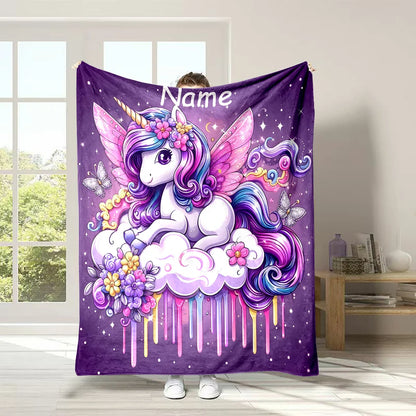 Customized Name Personalized Blanket Cartoon Unicorn Print Warm and Comfortable Blanket for Adults and Children Holiday Gifts