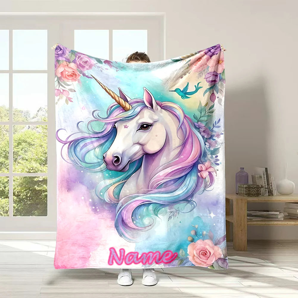Customized Name Personalized Blanket Cartoon Unicorn Print Warm and Comfortable Blanket for Adults and Children Holiday Gifts