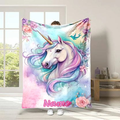 Customized Name Personalized Blanket Cartoon Unicorn Print Warm and Comfortable Blanket for Adults and Children Holiday Gifts