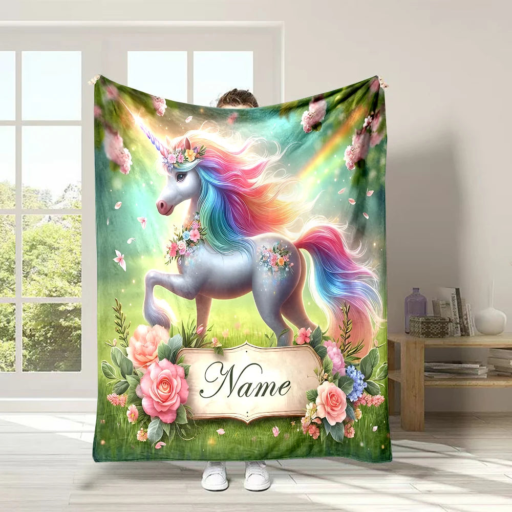 Customized Name Personalized Blanket Cartoon Unicorn Print Warm and Comfortable Blanket for Adults and Children Holiday Gifts