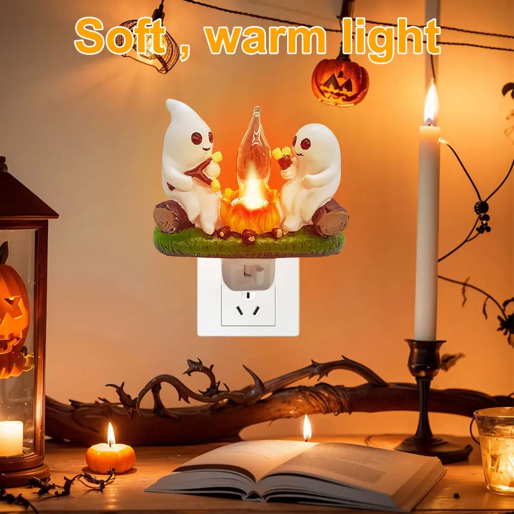 Cute Ghost Campfire Night Light Halloween Pumpkin Flickering Room Decorations Night Lights Dusk To Dawn Led Lamp Plug into Wall
