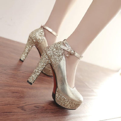 White Super High Heel Waterproof Platform Women's Shoes Single Shoes Golden Bride Shoes Sequined Wedding Shoes Banquet Evening Gown Princess Shoes