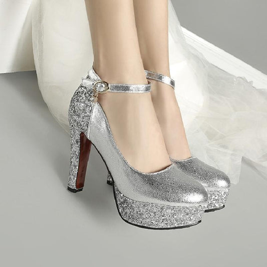 White Super High Heel Waterproof Platform Women's Shoes Single Shoes Golden Bride Shoes Sequined Wedding Shoes Banquet Evening Gown Princess Shoes