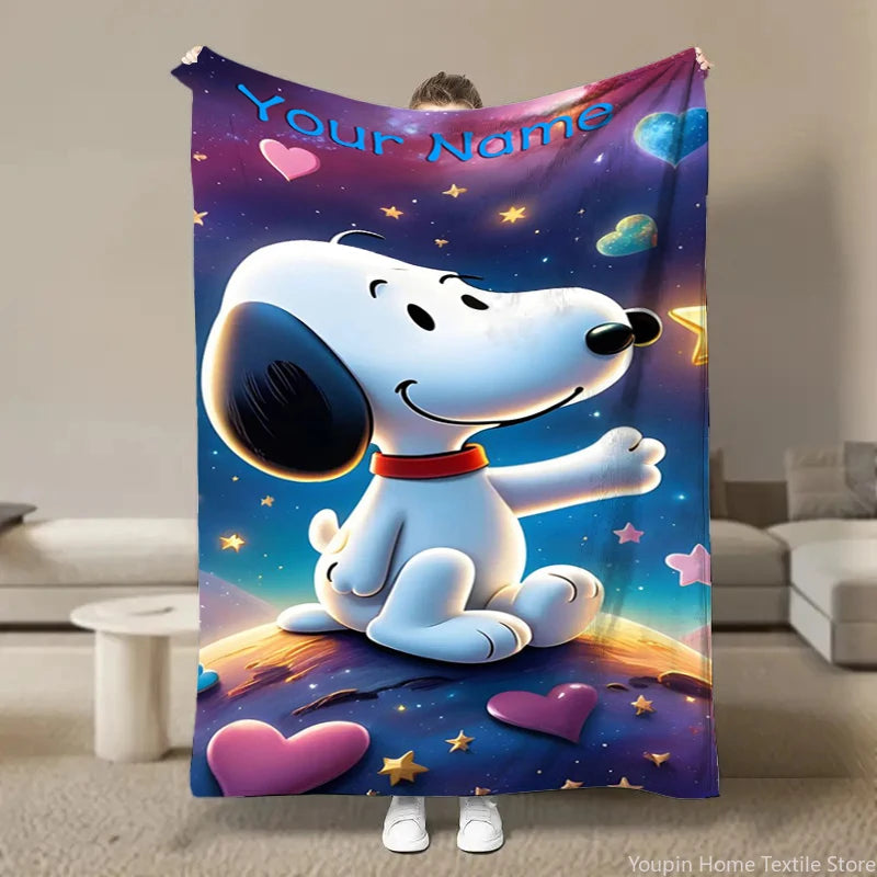 Customized Name Personalized Blanket Snoopy Cartoon Dog Soft Plush Blanket,Flannel Blanket Throw Blanket for Bed Sofa Kids Gift