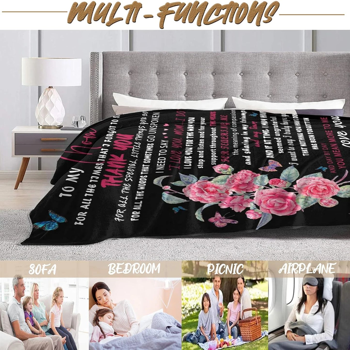 Gift for Mom Personalized Soft Linen Blanket Flower Butterfly Blanket Mother's Day Birthday Family Holiday Gift