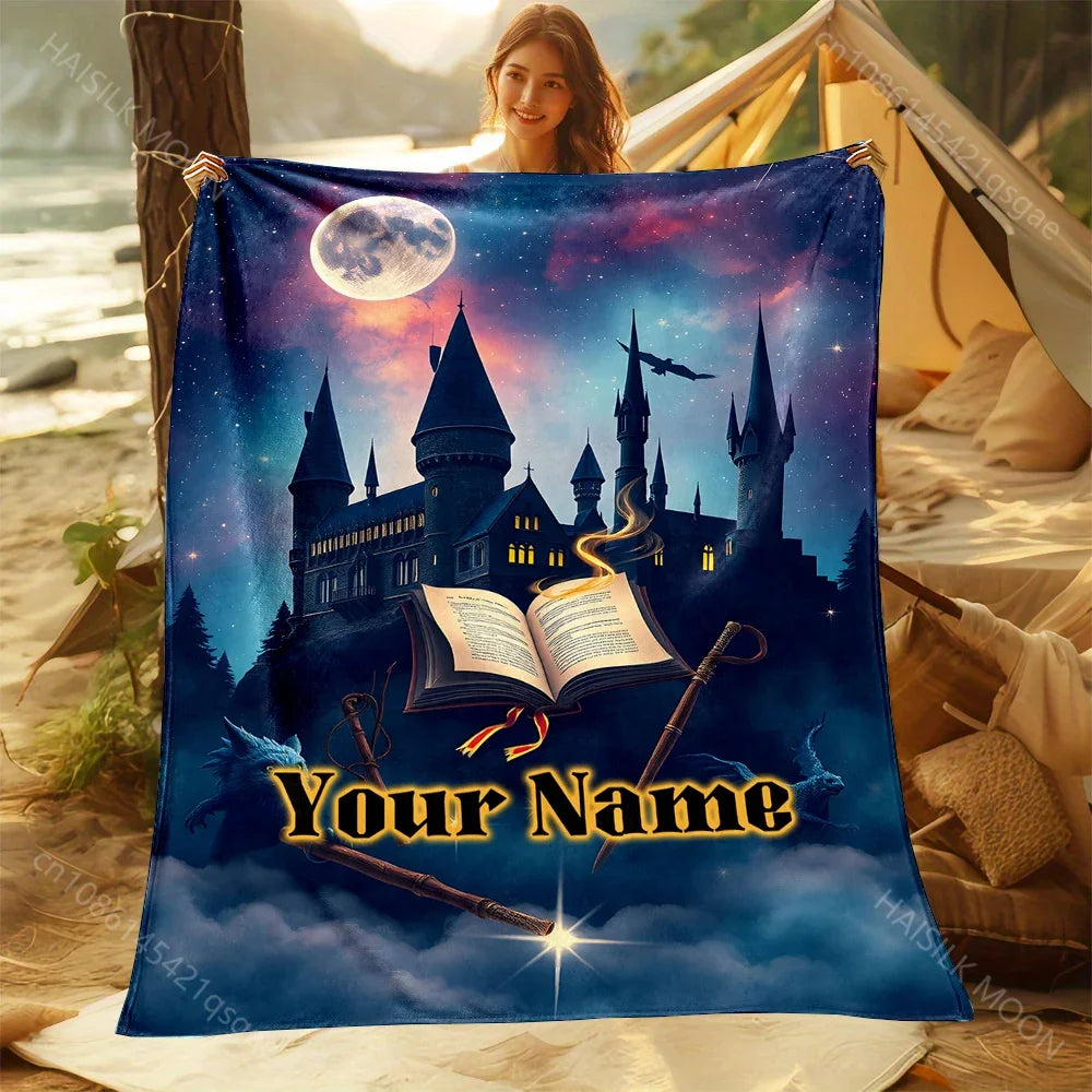 1PC Personalized Name Customized Blanket Magic Academy Printing Universal for All Seasons Sofa Bed Travel Camping Beach Blanket