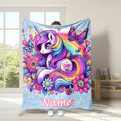 Customized Name Personalized Blanket Cartoon Unicorn Print Warm and Comfortable Blanket for Adults and Children Holiday Gifts